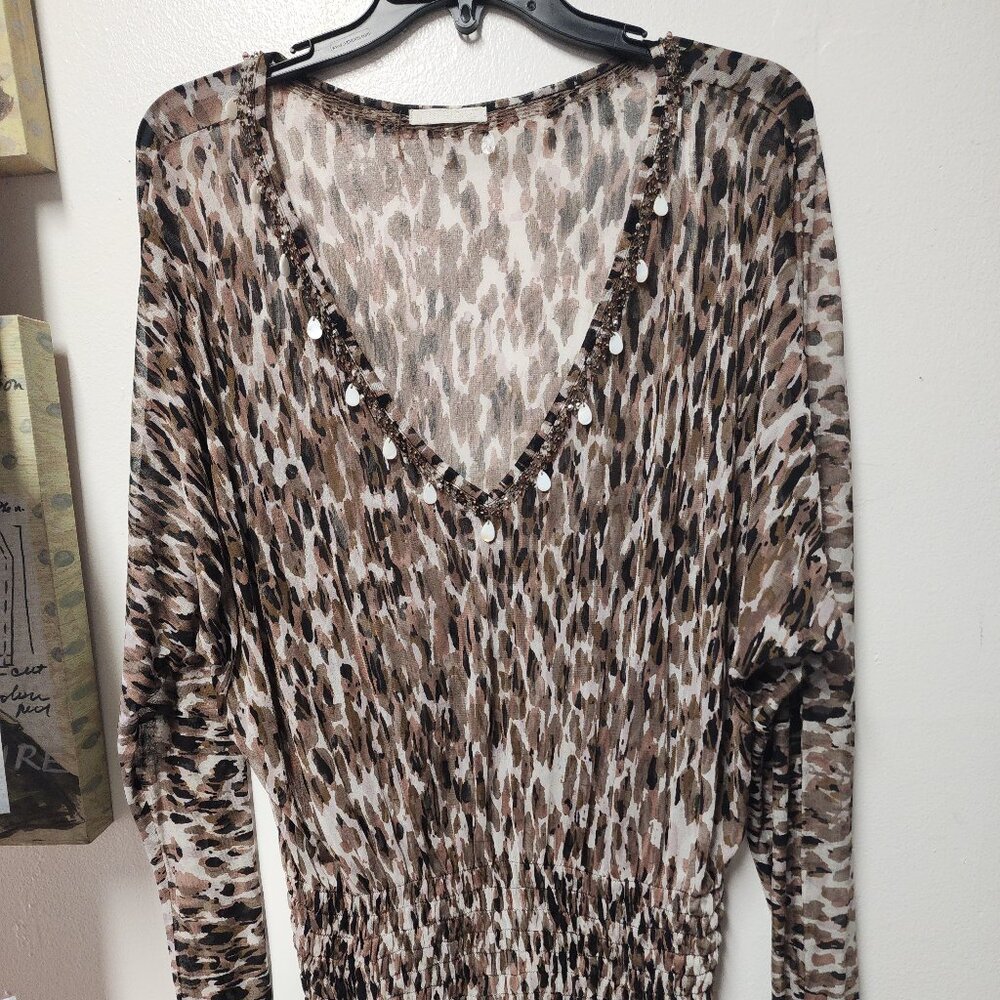 MiFresia Sheer Animal print 100 silk top smocking at waist EUC